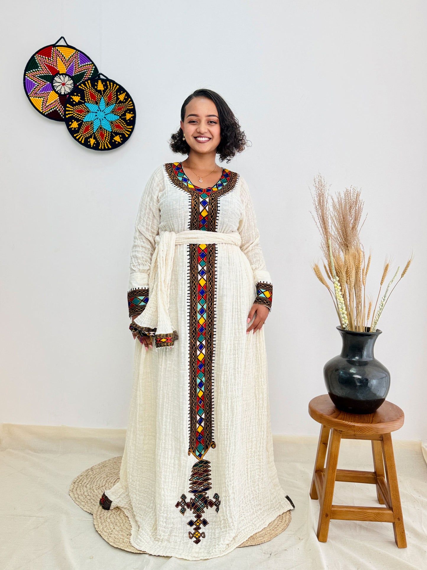 Habesha Dress | Colorful Embroidered Full-Sleeve Design | Special Occasion Wear | Black with Colorful Detailing Hab58