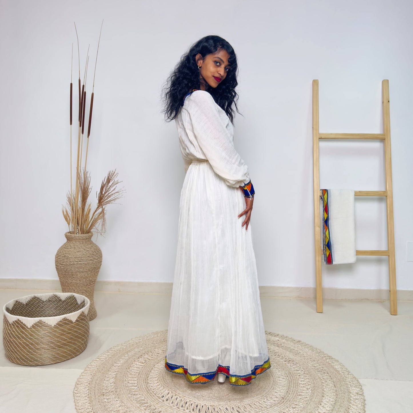 Traditional Ethiopian Habesha Dress | White Handwoven Cotton | Bold Cross & Geometric Tibeb in Red, Yellow & Blue Hab202