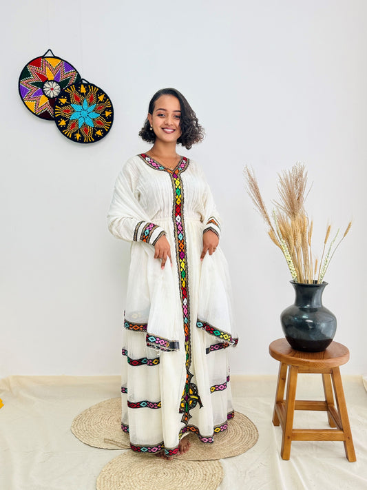 Habesha Dress | Colorful Diamond Embroidery on White Cotton | Traditional Ethiopian Kemis | Handmade Women’s Dress Hab159