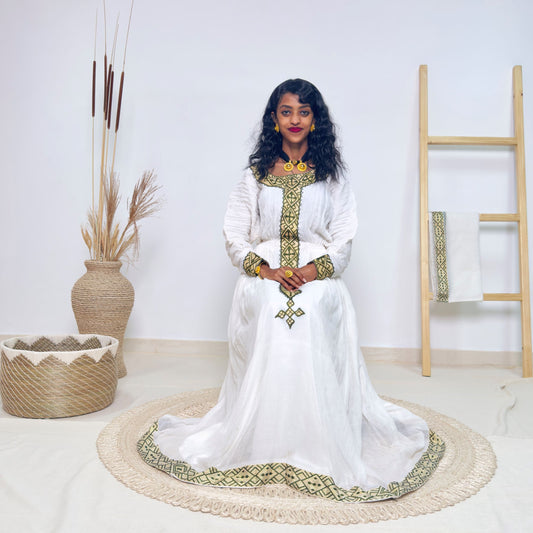Traditional Ethiopian Habesha Dress | Handwoven White Cotton with Gold & Olive Green Tibeb Embroidery | Long Sleeve Elegant Fit Hab217