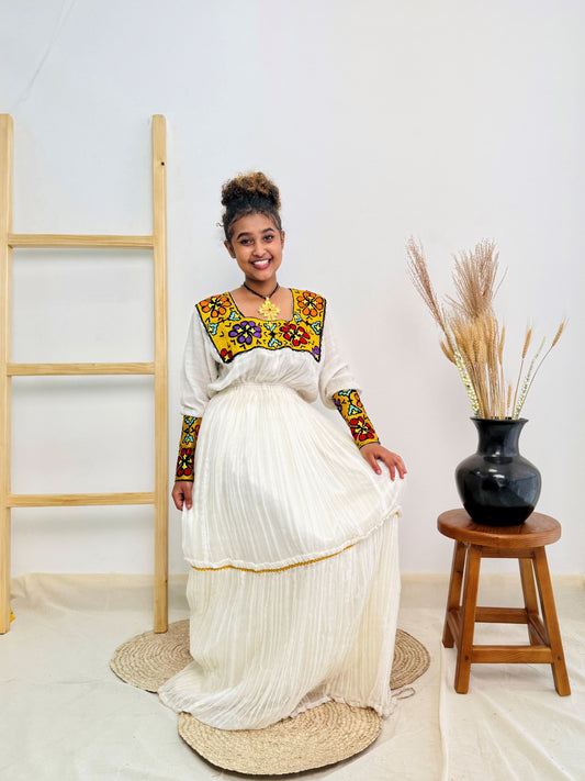 Elegant Handwoven Habesha Kemis Dress for Women | Traditional Ethiopian Cultural Outfit | Bold Floral Embroidery & Square Neckline Hab224 