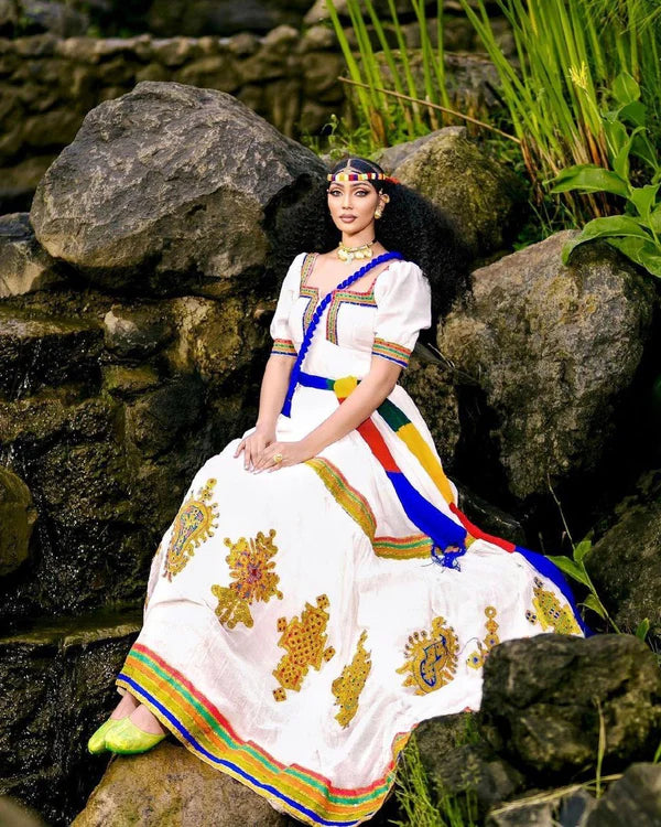 Rahel - Multicolor Handwoven Ashenda Dress with Menen Fabric | Cultural Ethiopian Habesha Kemis Hab297
