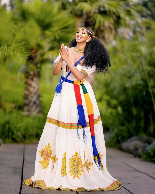 Rahel - Multicolor Handwoven Ashenda Dress with Menen Fabric | Cultural Ethiopian Habesha Kemis Hab297