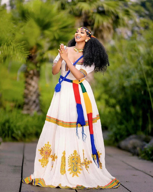 Rahel - Multicolor Handwoven Ashenda Dress with Menen Fabric | Cultural Ethiopian Habesha Kemis Hab297