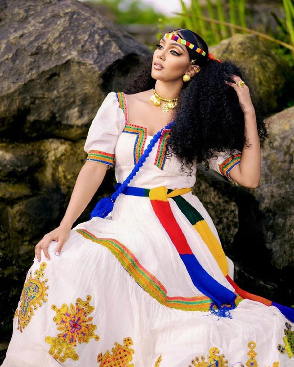 Rahel - Multicolor Handwoven Ashenda Dress with Menen Fabric | Cultural Ethiopian Habesha Kemis Hab297