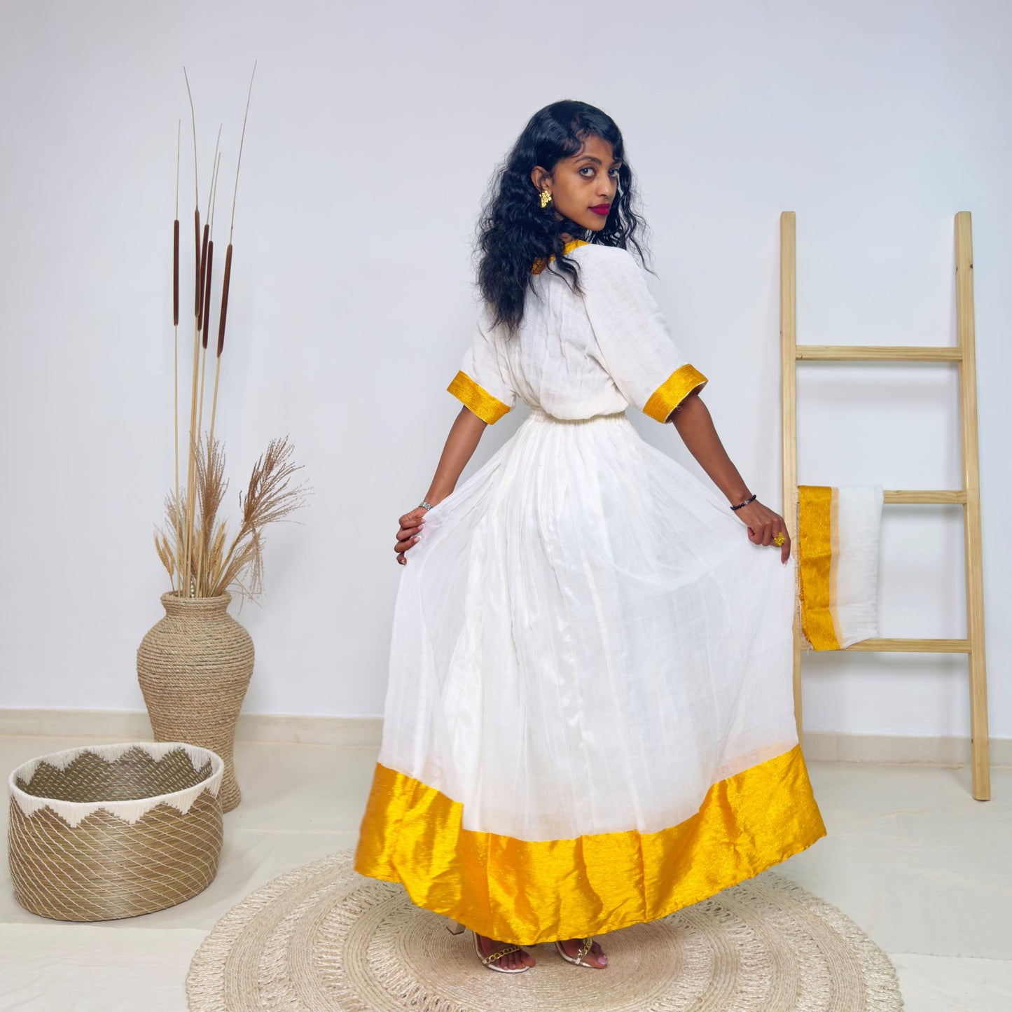 White & Golden Yellow Traditional Ethiopian Dress | Elegant Minimal Habesha Kemis | Easter & Cultural Celebrations Hab182