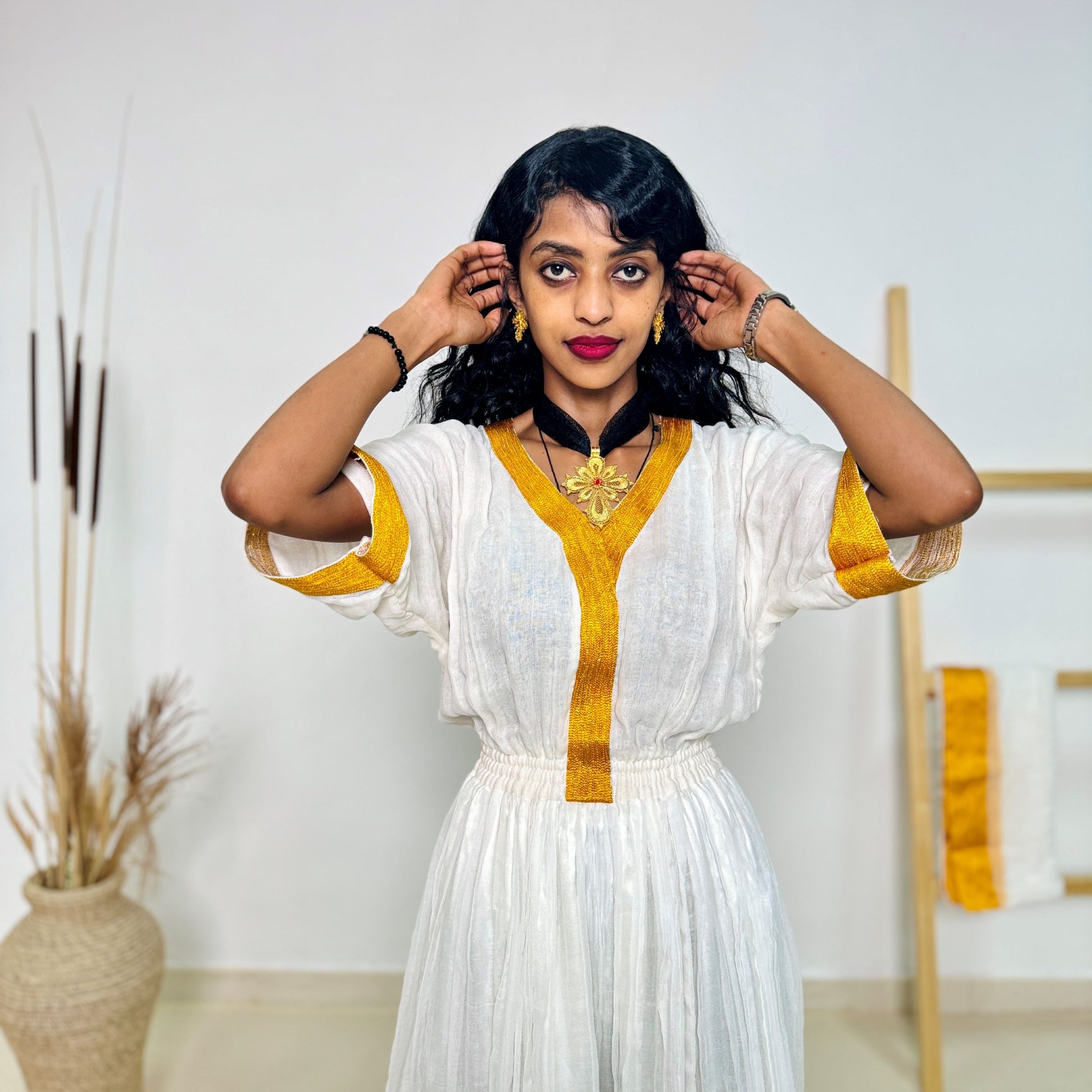 White & Golden Yellow Traditional Ethiopian Dress | Elegant Minimal Habesha Kemis | Easter & Cultural Celebrations Hab182