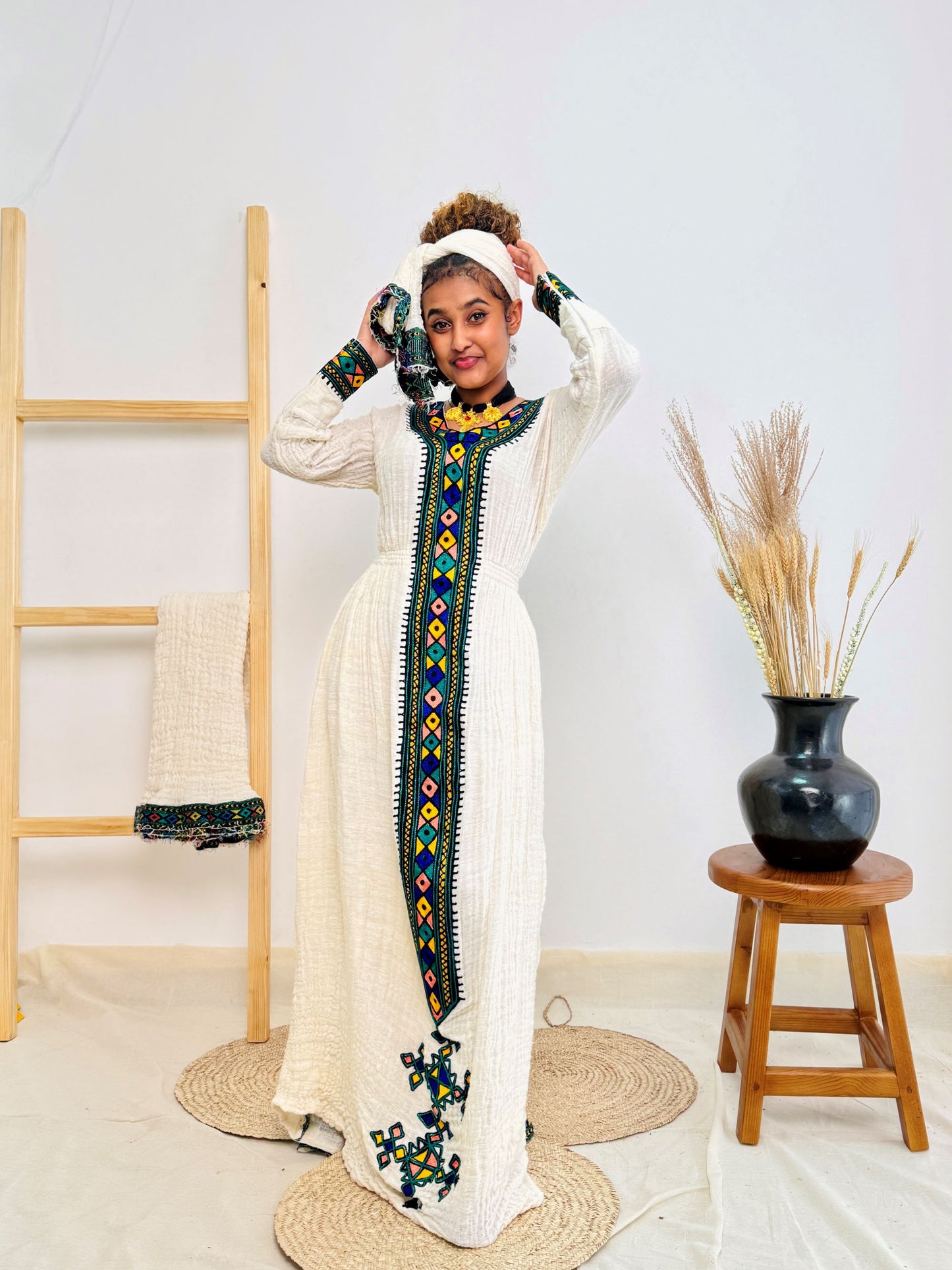 Ethiopian Habesha Kemis | Handwoven Cotton | Diamond Tibeb Embroidery | Traditional White Dress for Cultural Celebrations & Weddings Hab169