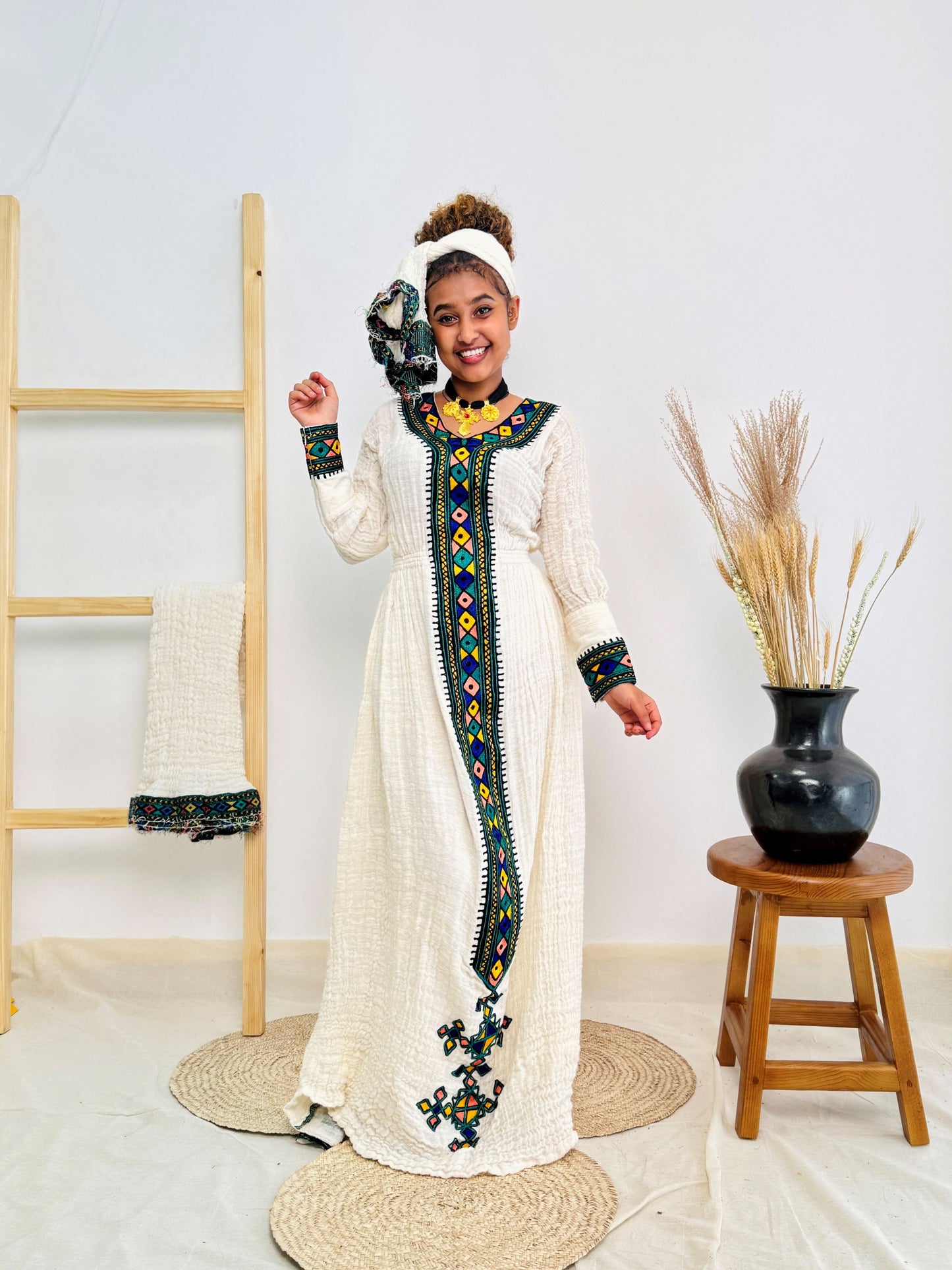 Ethiopian Habesha Kemis | Handwoven Cotton | Diamond Tibeb Embroidery | Traditional White Dress for Cultural Celebrations & Weddings Hab169