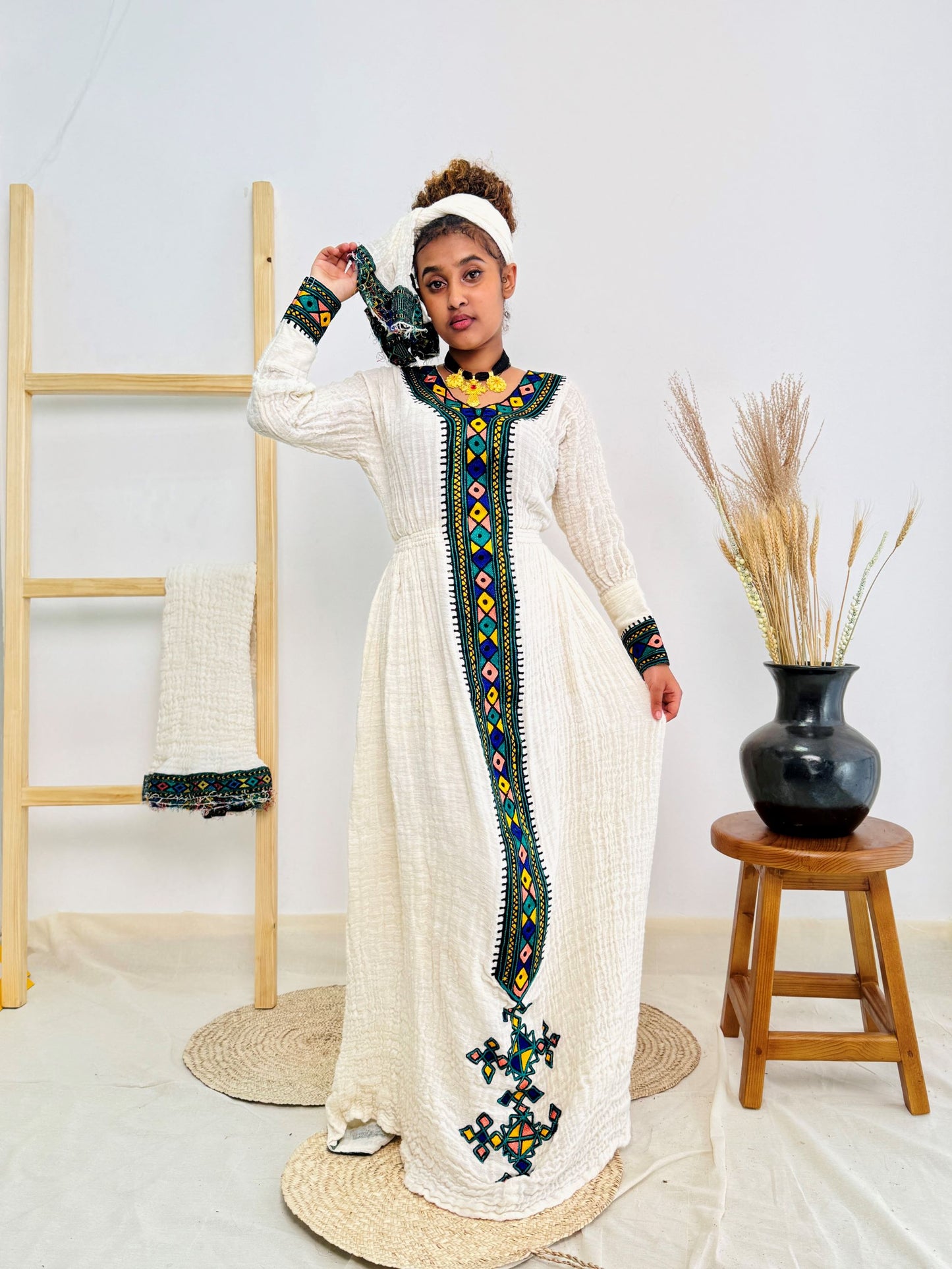Ethiopian Habesha Kemis | Handwoven Cotton | Diamond Tibeb Embroidery | Traditional White Dress for Cultural Celebrations & Weddings Hab169