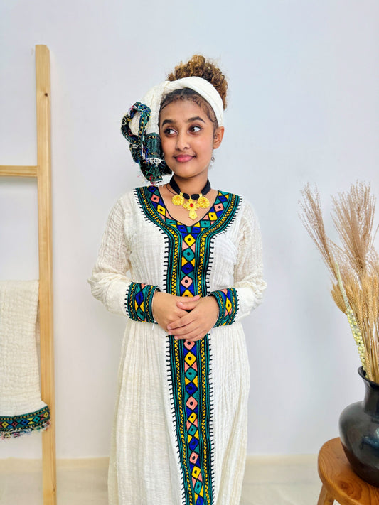 Ethiopian Habesha Kemis – Long Sleeve | Handwoven Cotton | Diamond Tibeb Embroidery