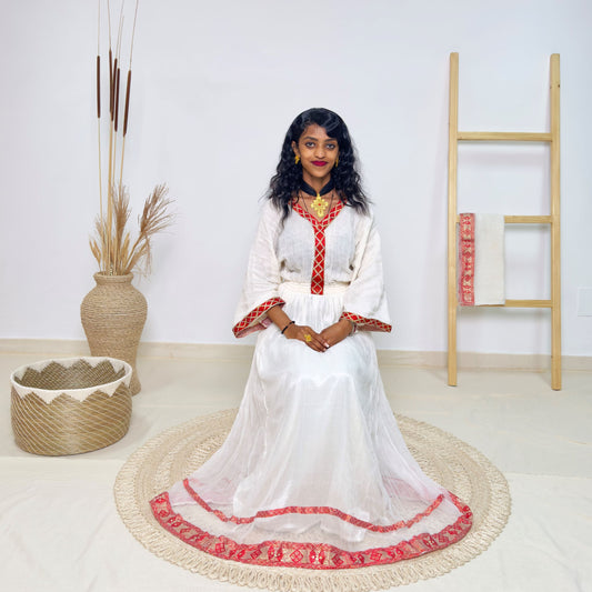 Traditional Ethiopian Habesha Dress | Handwoven Cotton | Red Tilet Embroidery | Flared Fit with Netela Hab236