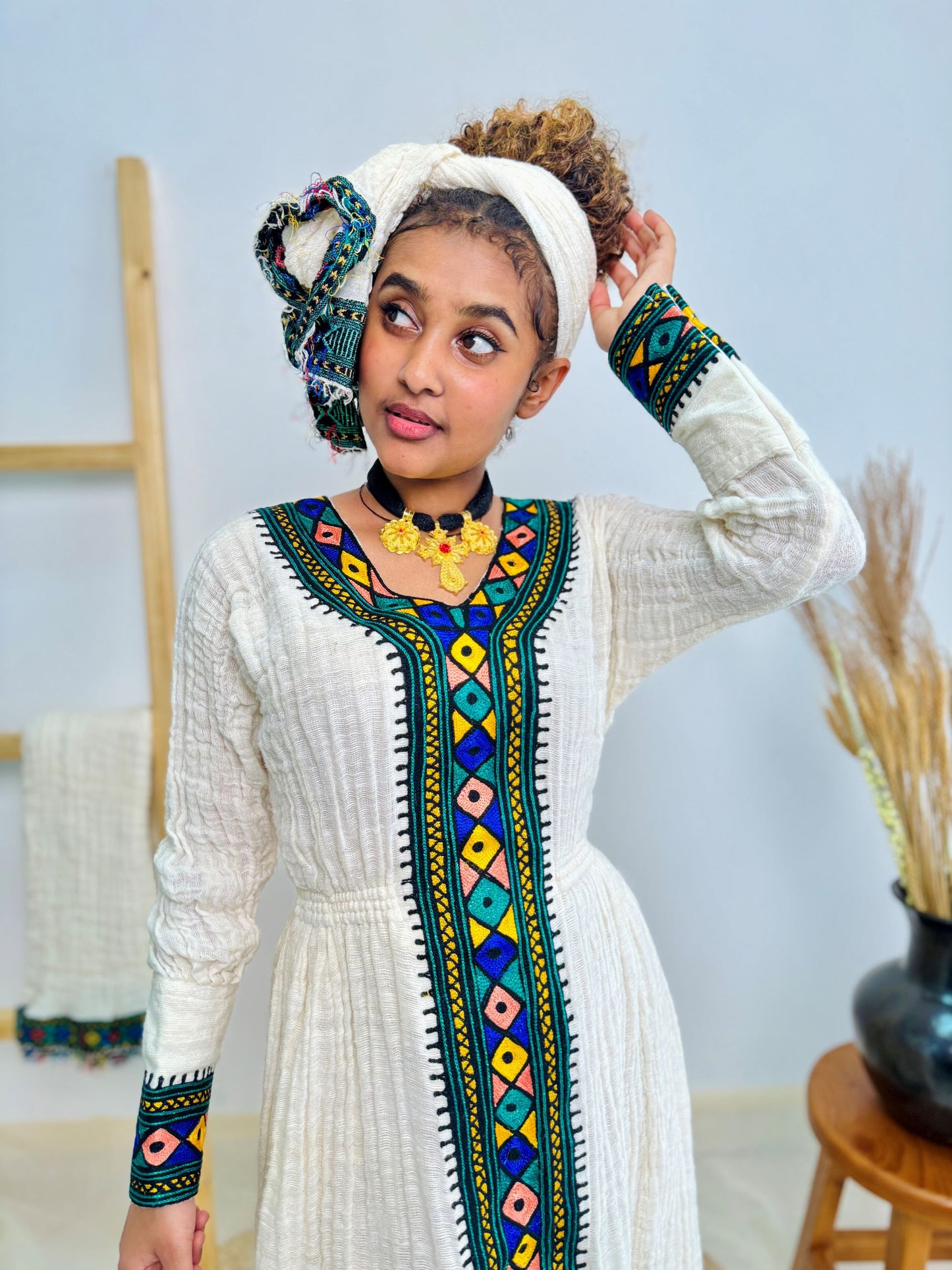 Ethiopian Habesha Kemis | Handwoven Cotton | Diamond Tibeb Embroidery | Traditional White Dress for Cultural Celebrations & Weddings Hab169