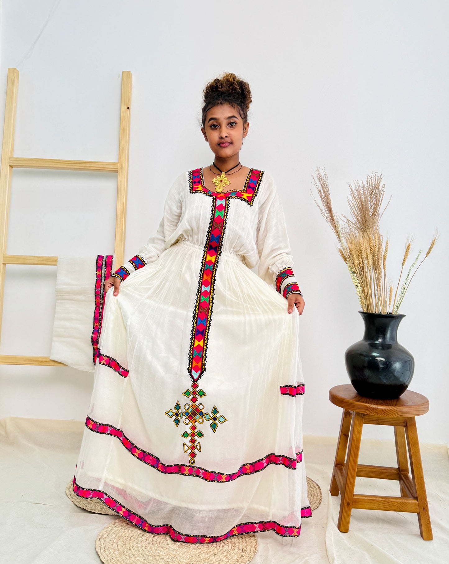 Pink Habesha Dress Colorful Patterns Ethiopian Dress Hab23