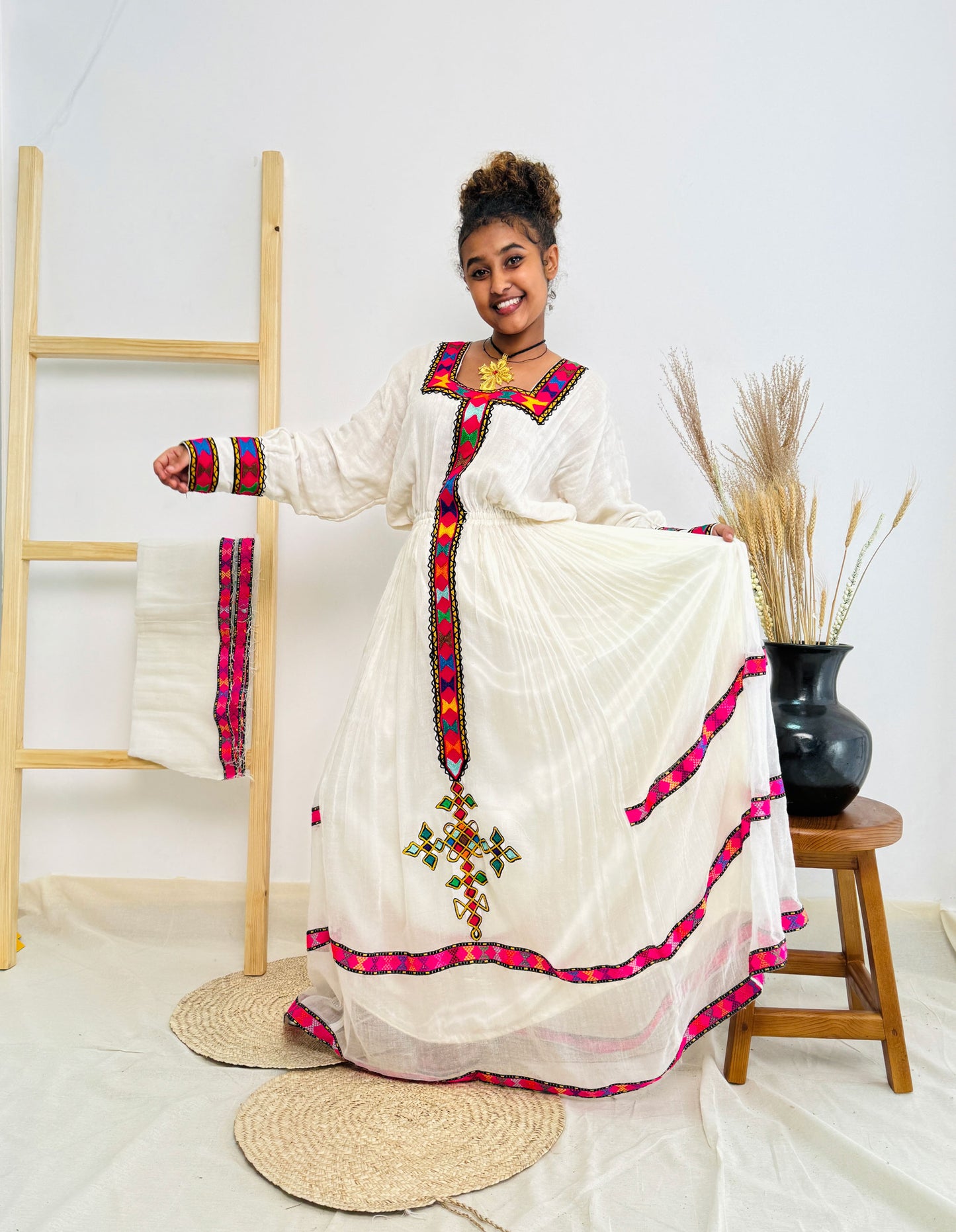 Pink Habesha Dress Colorful Patterns Ethiopian Dress Hab23