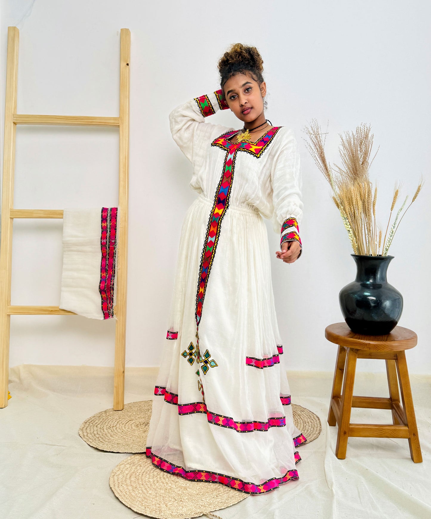 Pink Habesha Dress Colorful Patterns Ethiopian Dress Hab23