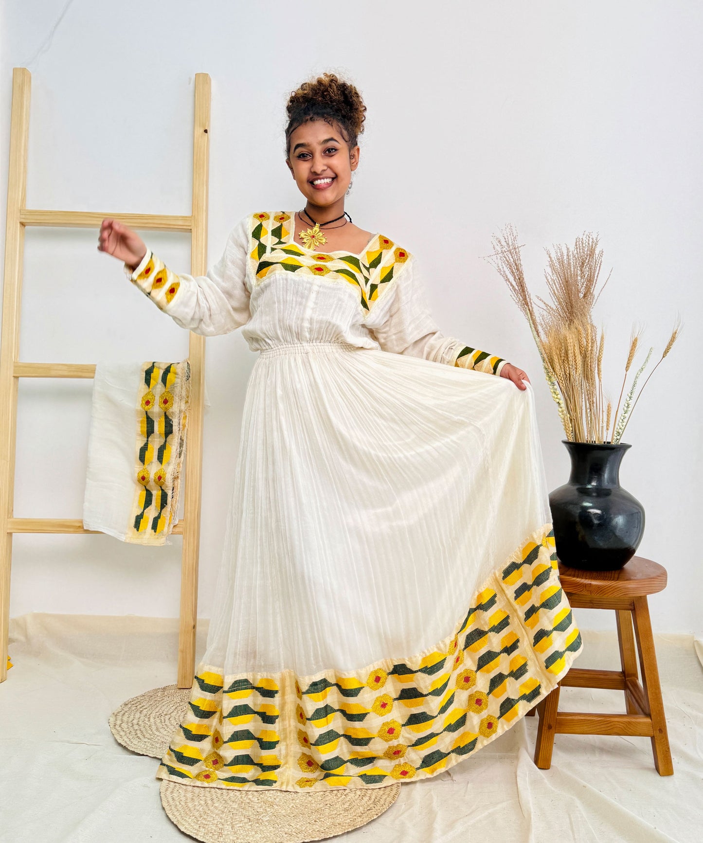 Flowery design yellow habesha dress