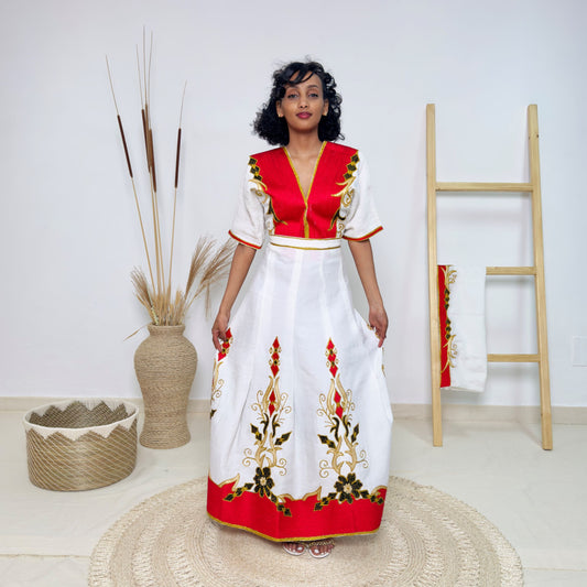 Red & Gold Habesha Dress | Modern Ethiopian Traditional Kemis Hab229