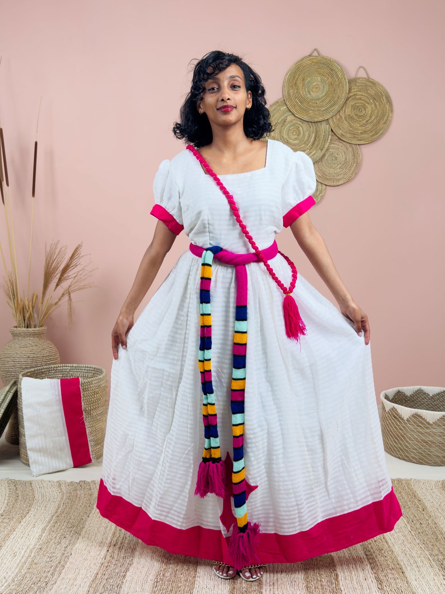 Gorgeous Handwoven White Dress | Vibrant Pink Accents & Colorful Shemma Belt | Traditional Habesha Kemis Hab151