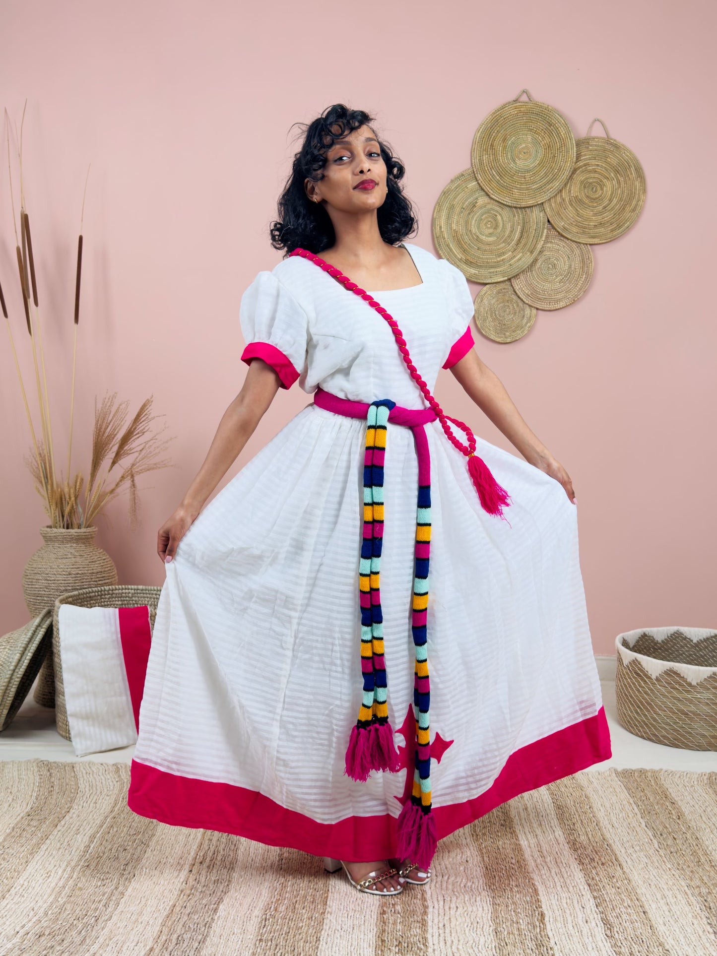 Gorgeous Handwoven White Dress | Vibrant Pink Accents & Colorful Shemma Belt | Traditional Habesha Kemis Hab151