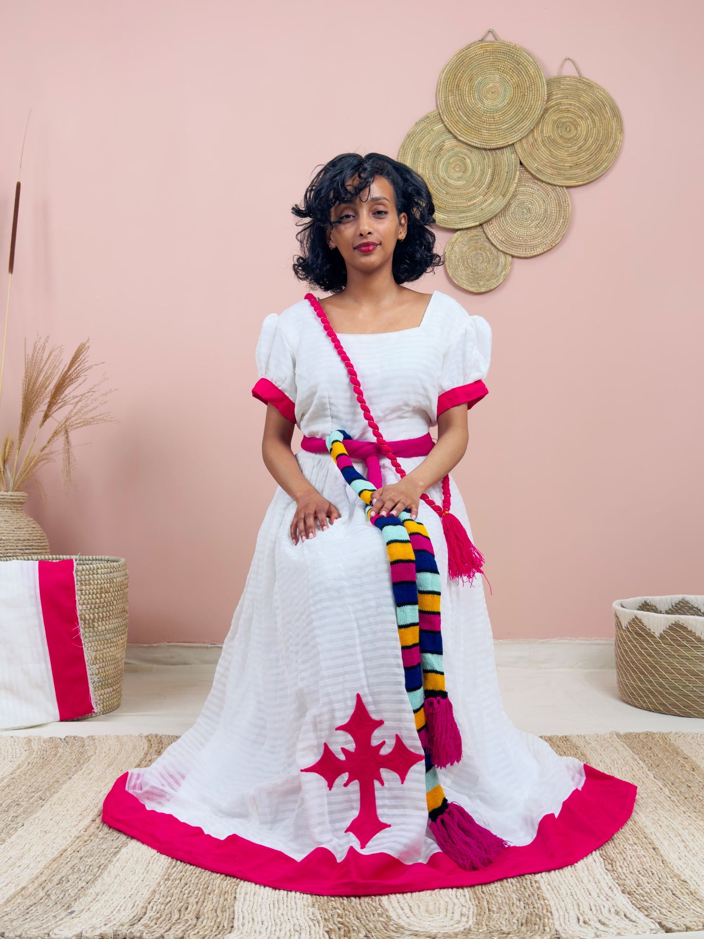 Gorgeous Handwoven White Dress | Vibrant Pink Accents & Colorful Shemma Belt | Traditional Habesha Kemis Hab151