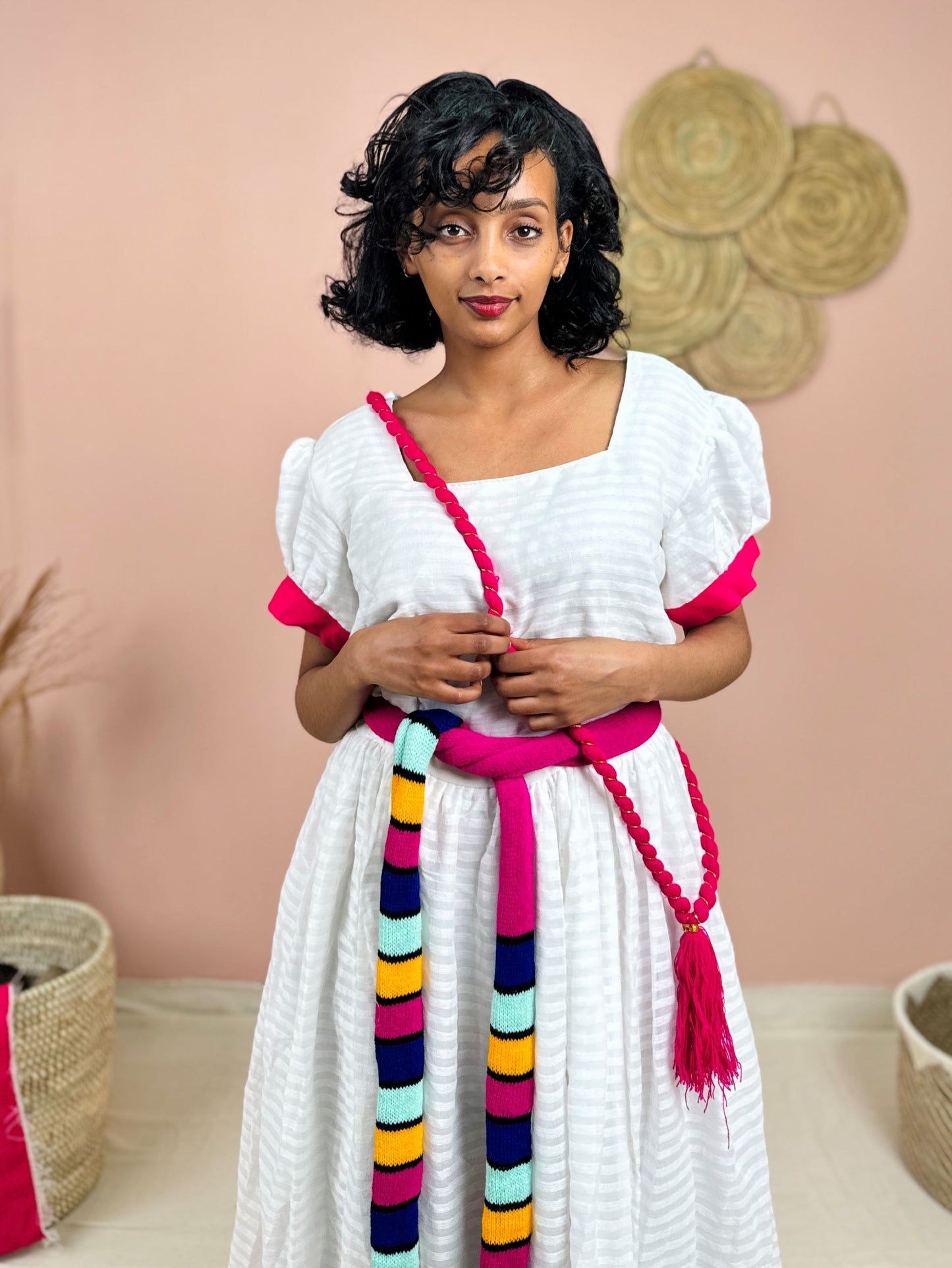 Gorgeous Handwoven White Dress | Vibrant Pink Accents & Colorful Shemma Belt | Traditional Habesha Kemis Hab151