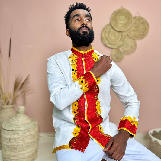 Men’s Habesha Shirt | Red & Gold Embroidery Shirt | Weddings & Cultural Shirt | Handmade Habesha Shirt Hab71