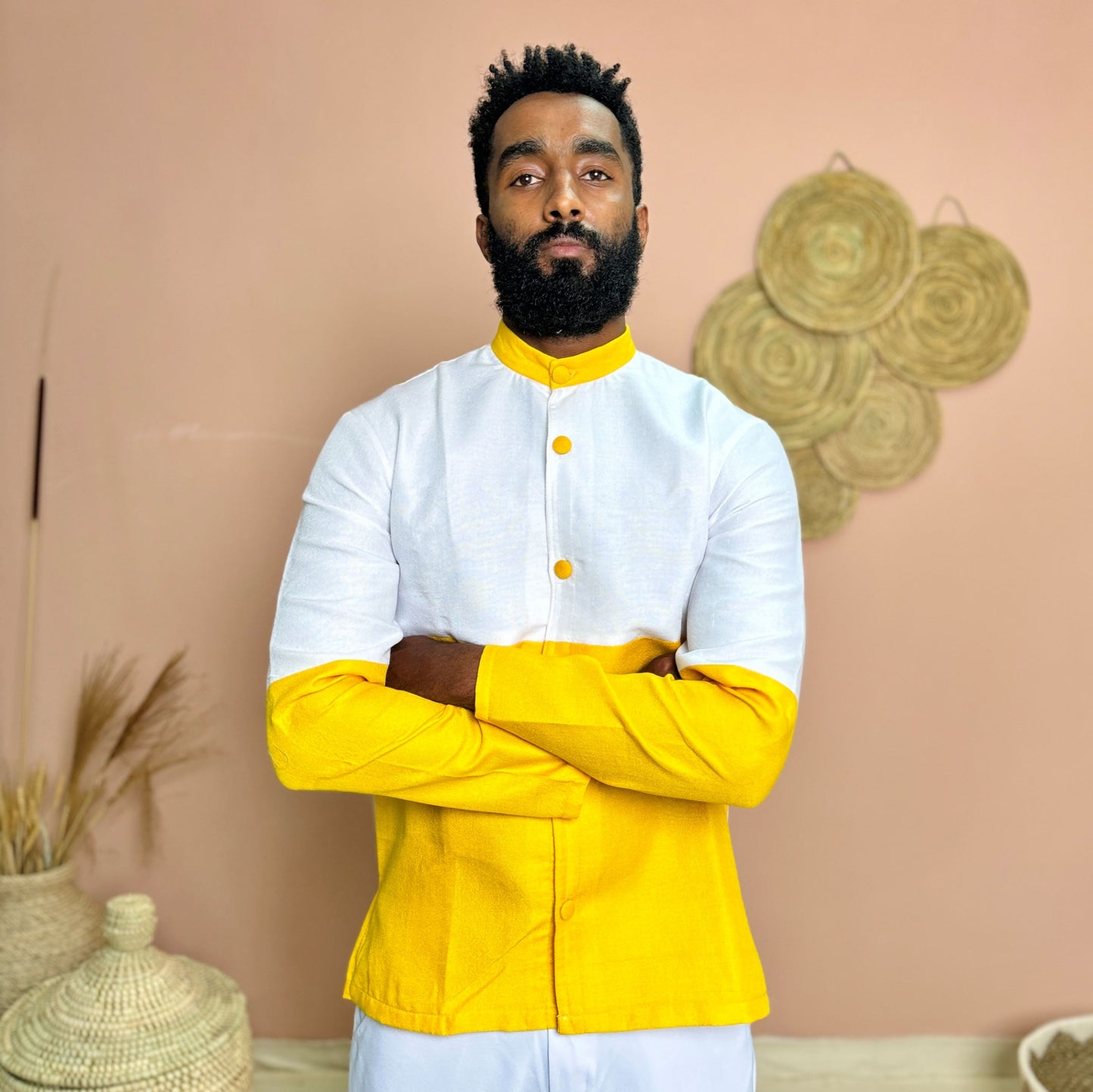 Bold, Modern & Unapologetically Ethiopian | Habesha Men’s Shirt | Handcrafted Color-Block Top in Yellow and White | Hab162