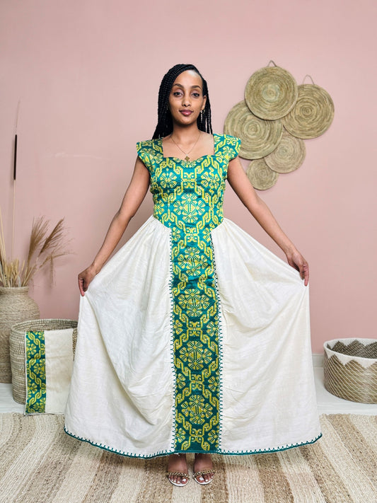 Green & Yellow Sleeveless Traditional Dress | Handwoven Ethiopian Habesha Kemis 