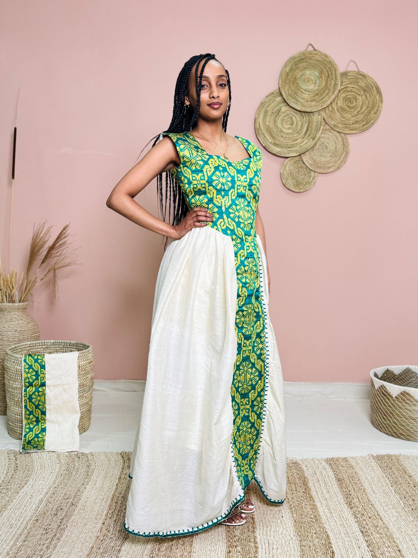 Green & Yellow Sleeveless Traditional Dress | Handwoven Ethiopian Habesha Kemis | Cultural Celebration Outfit | Artisan-Made Heritage Wear Hab173