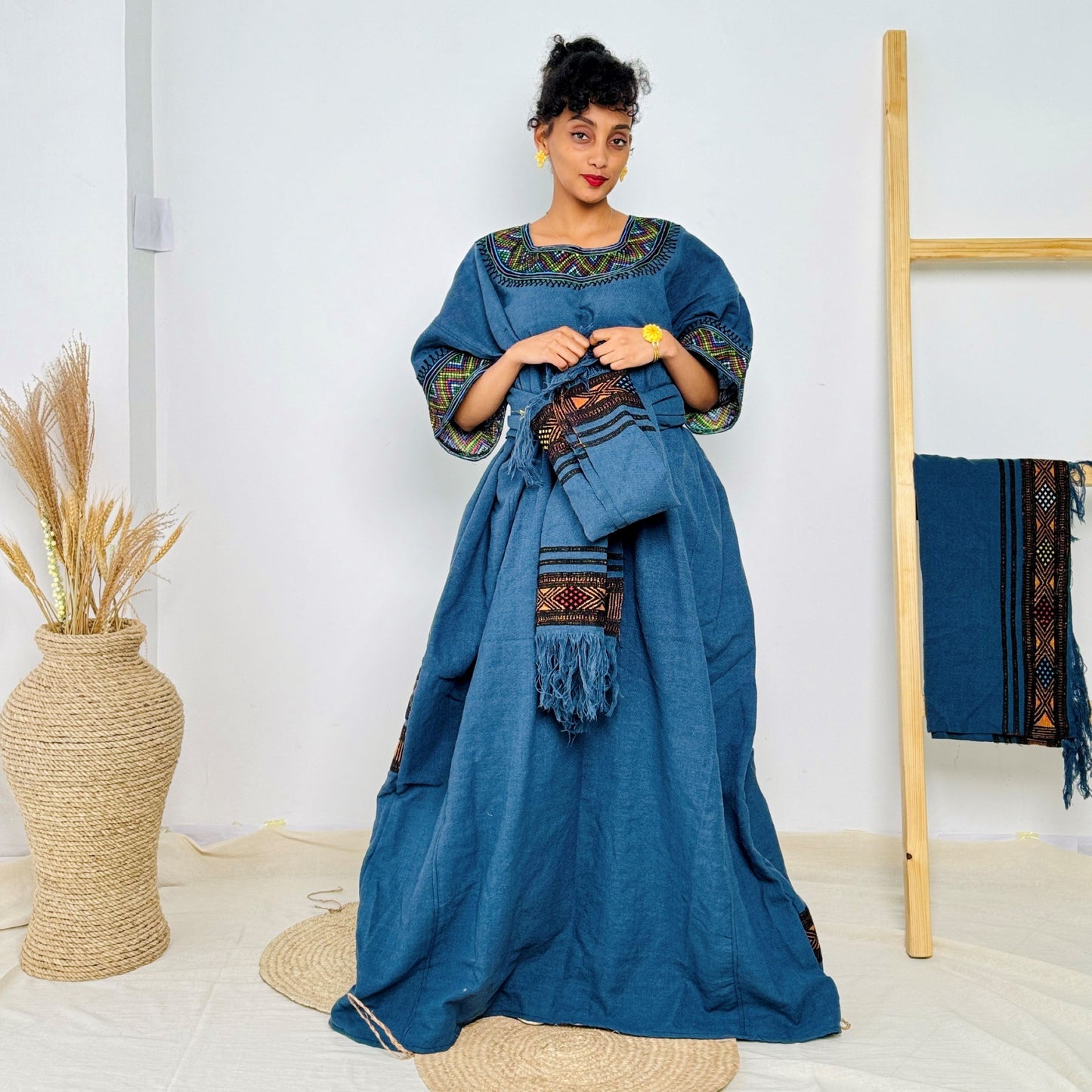 Handmade Ethiopian Habesha Dress | Deep Blue with Tibeb Accents & Matching Shawl | Cultural African Dress for Women Hab161