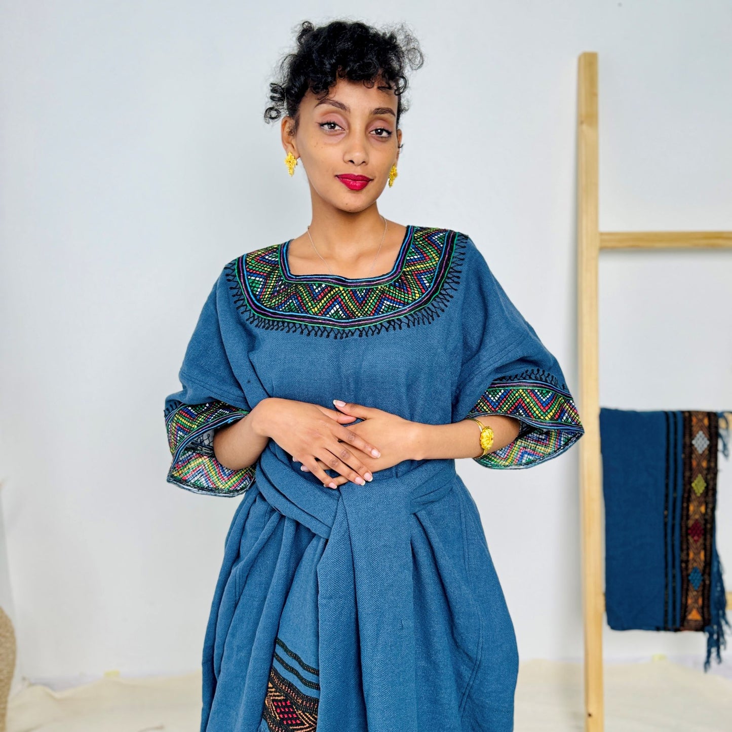 Handmade Ethiopian Habesha Dress | Deep Blue with Tibeb Accents & Matching Shawl | Cultural African Dress for Women Hab161