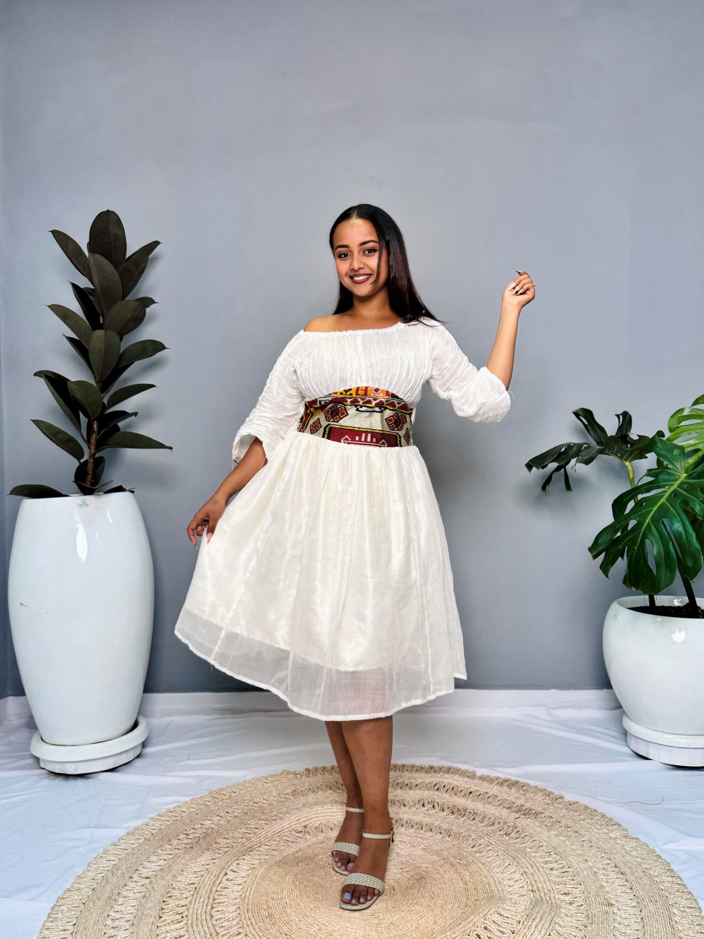 Modern Off-Shoulder Habesha Kemis | Minimalist Ethiopian Dress Hab136