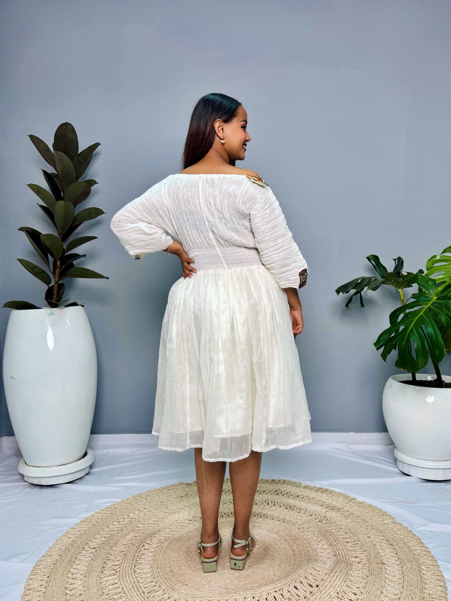 Modern Off-Shoulder Habesha Kemis | Minimalist Ethiopian Dress Hab136