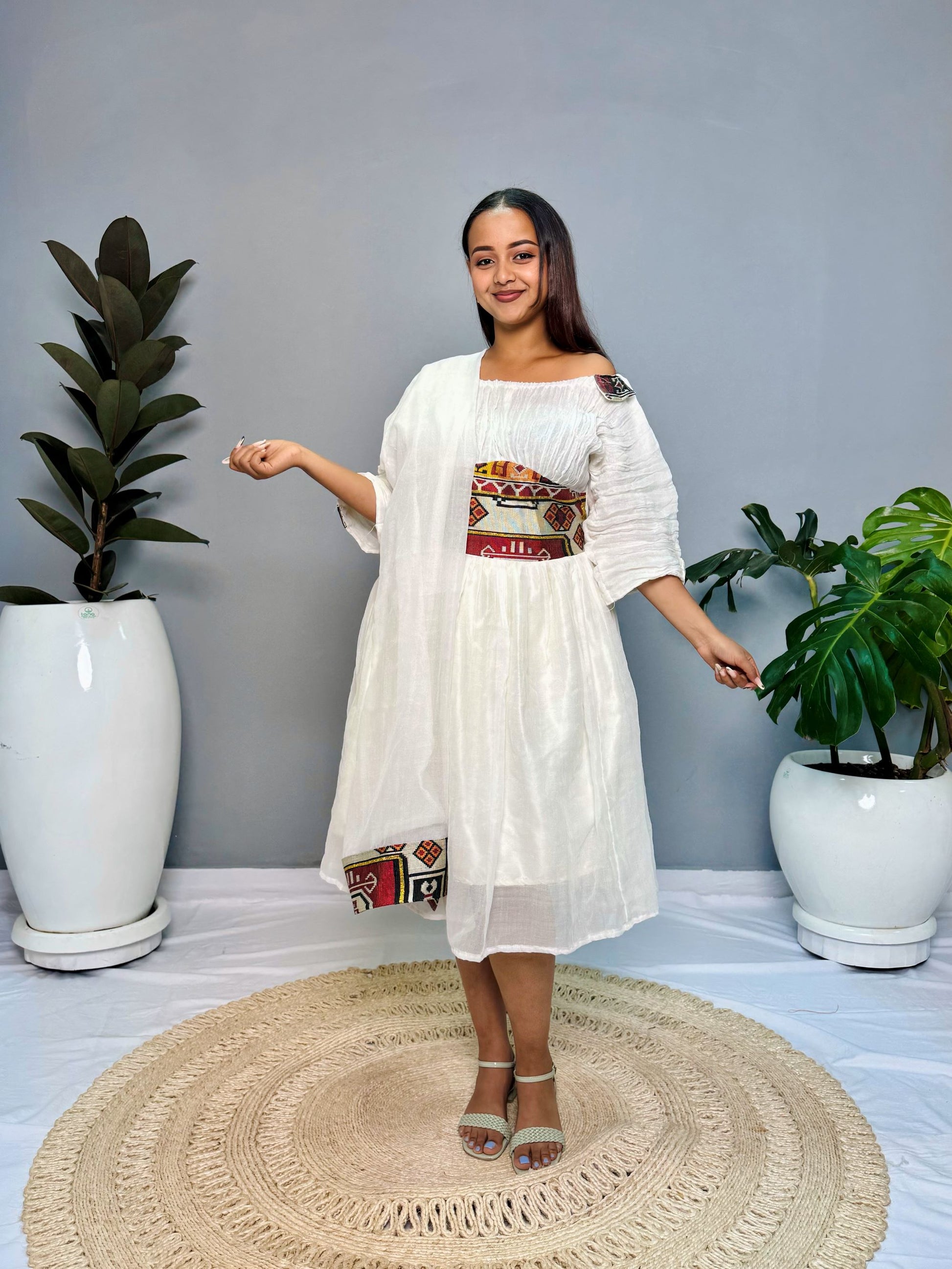 Off-Shoulder Menen Cotton Dress – Effortless Elegance, Redefined