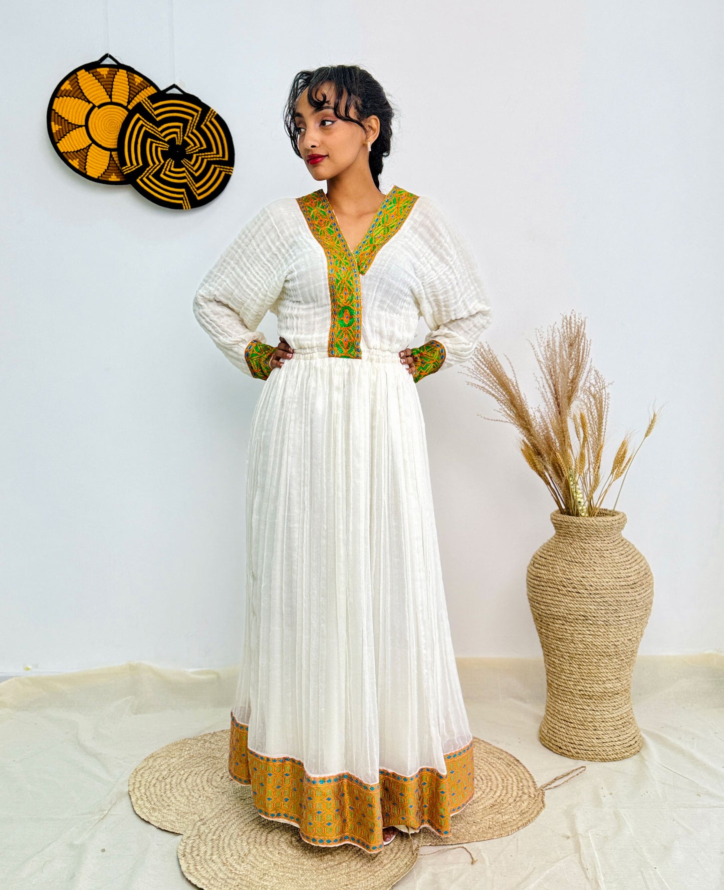 Orange Habesha Dress Green Accents Ethiopian Dress Hab32