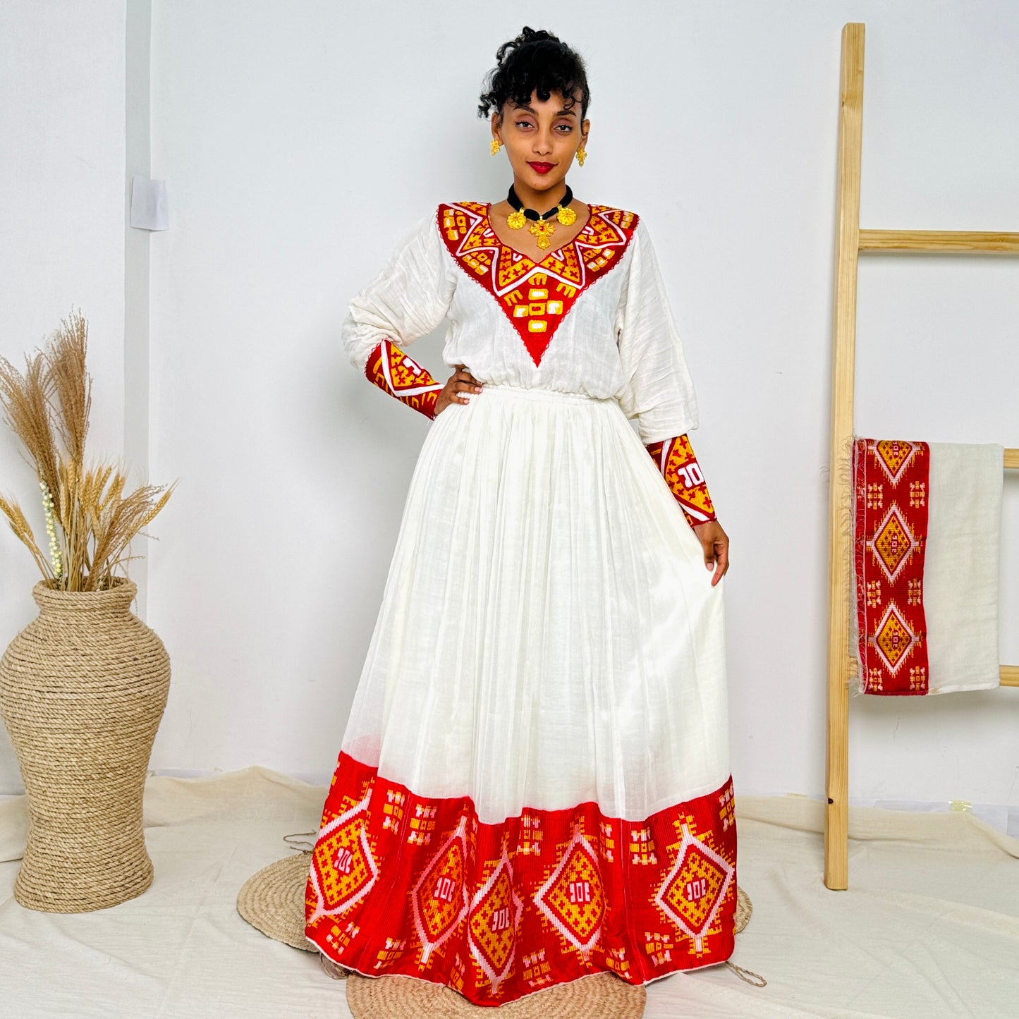 Habesha Dress | Vibrant Red Embroidery |  Traditional Ethiopian Dress  | Handwoven Cotton Hab65