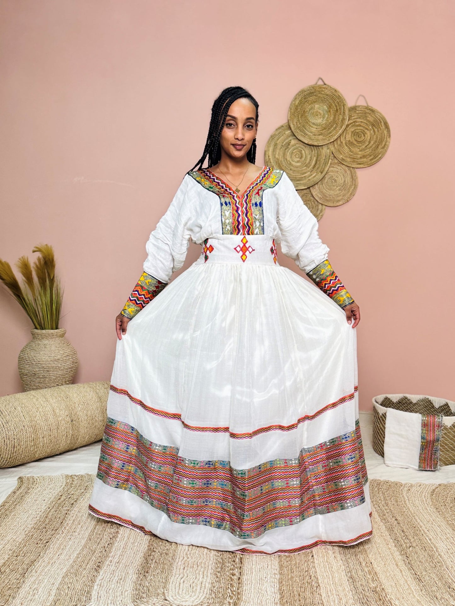 Multicolor Embroidered Habesha Kemis | Ethiopian Traditional Dress | Handcrafted Cultural Elegance Hab139