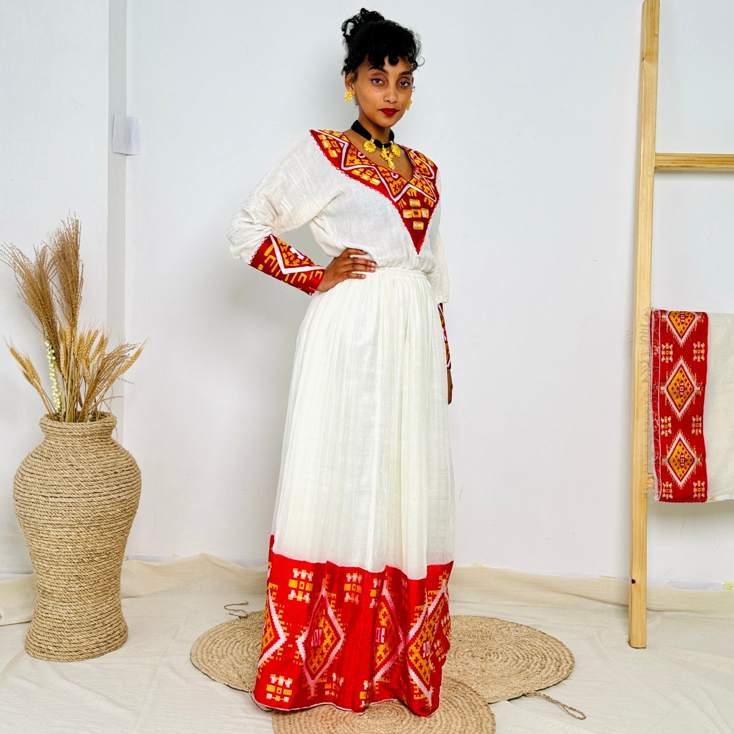 Habesha Dress | Vibrant Red Embroidery |  Traditional Ethiopian Dress  | Handwoven Cotton Hab65