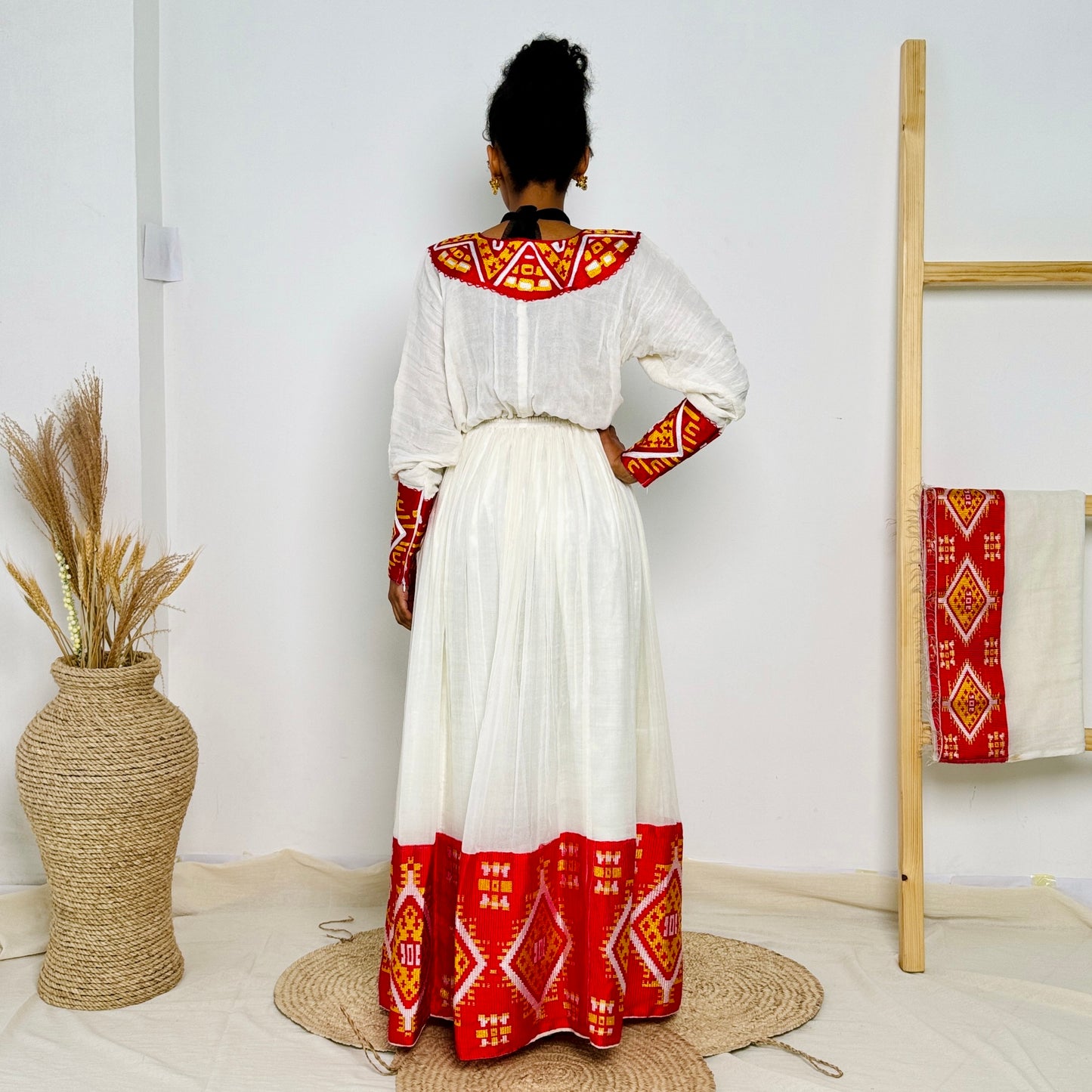 Habesha Dress | Vibrant Red Embroidery |  Traditional Ethiopian Dress  | Handwoven Cotton Hab65