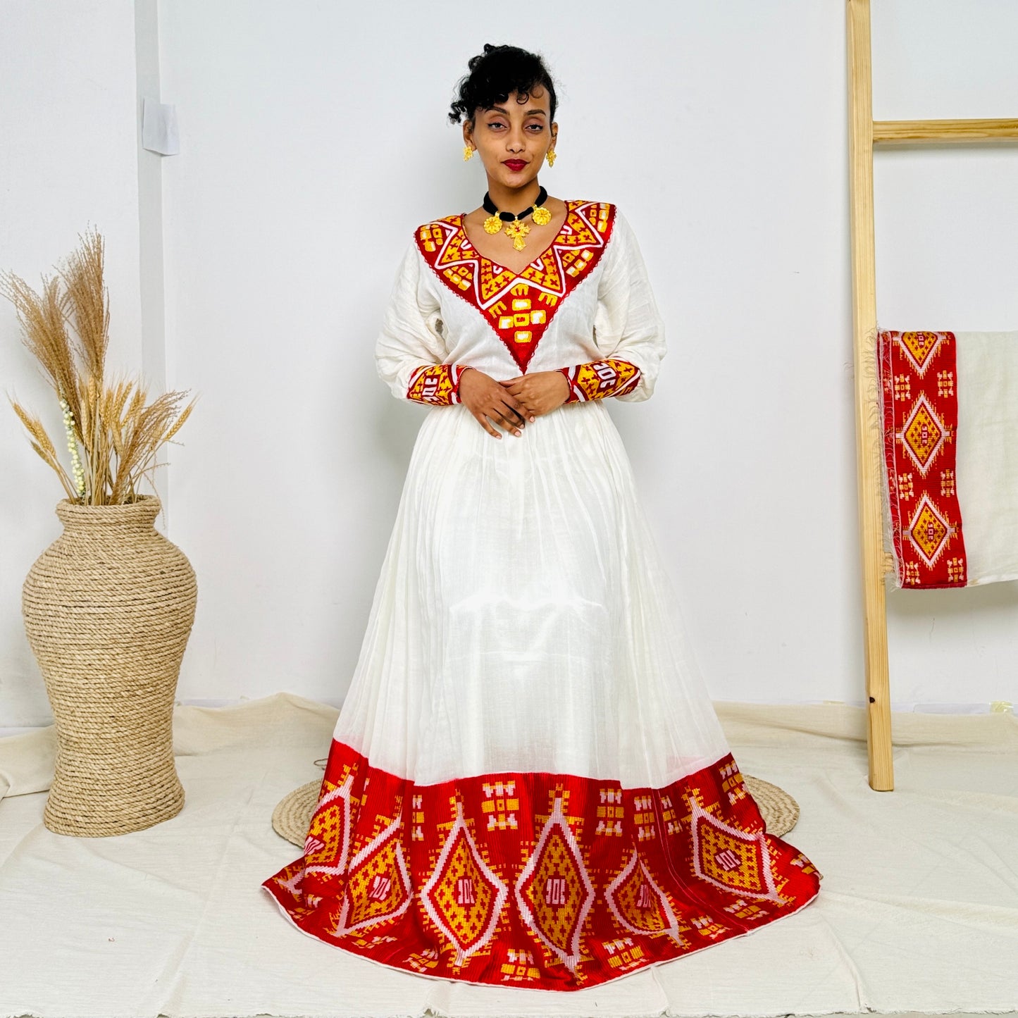 Habesha Dress | Vibrant Red Embroidery |  Traditional Ethiopian Dress  | Handwoven Cotton Hab65