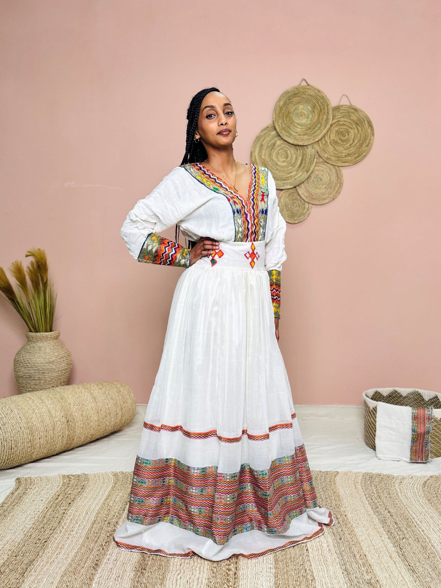 Multicolor Embroidered Habesha Kemis | Ethiopian Traditional Dress | Handcrafted Cultural Elegance Hab139