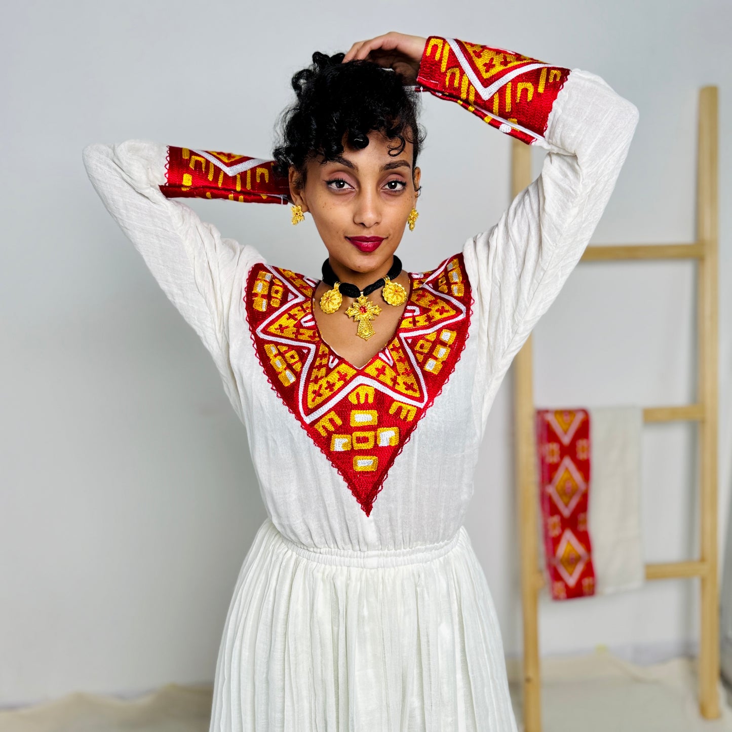 Habesha Dress | Vibrant Red Embroidery |  Traditional Ethiopian Dress  | Handwoven Cotton Hab65