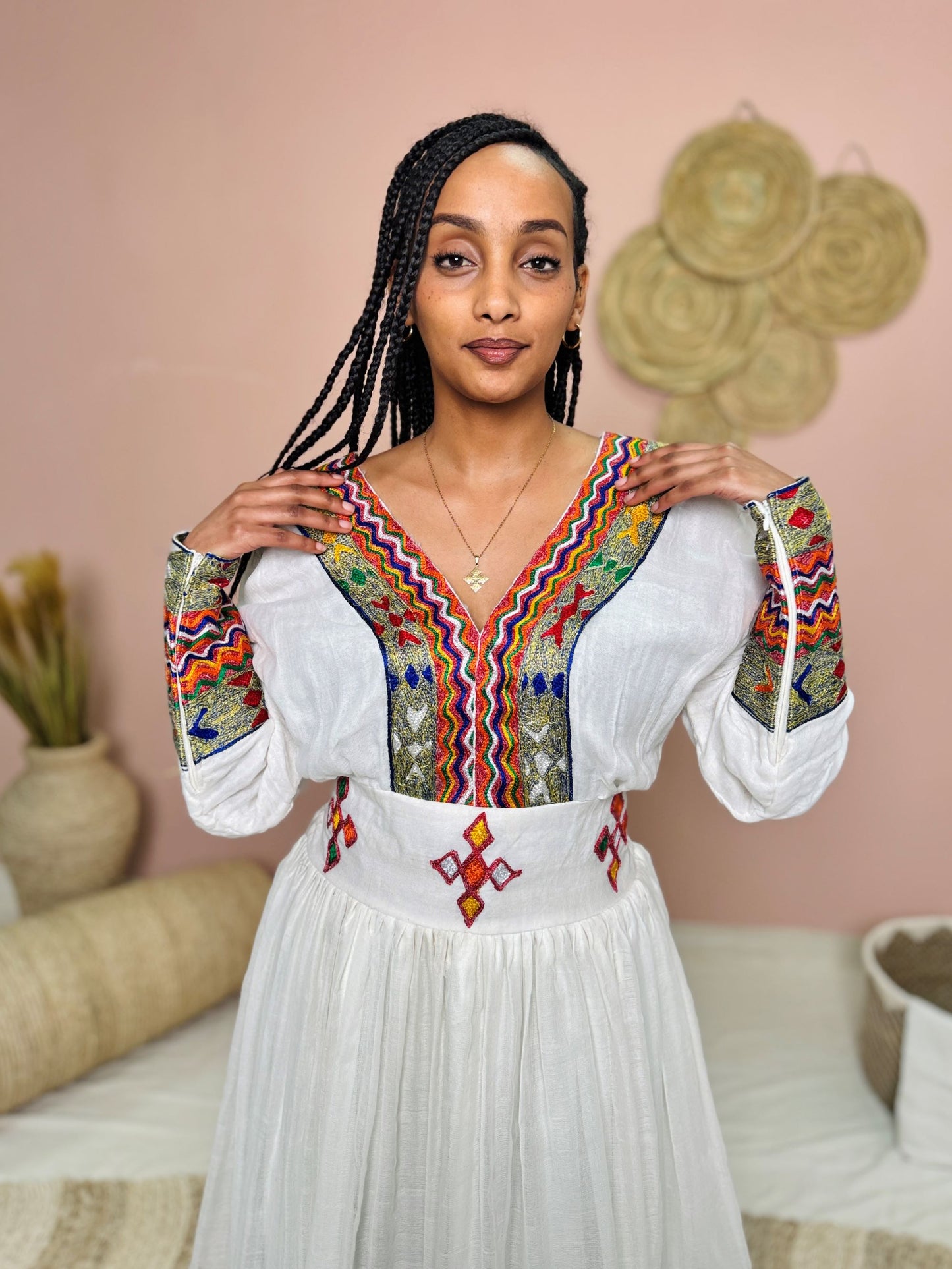 Multicolor Embroidered Habesha Kemis | Ethiopian Traditional Dress | Handcrafted Cultural Elegance Hab139