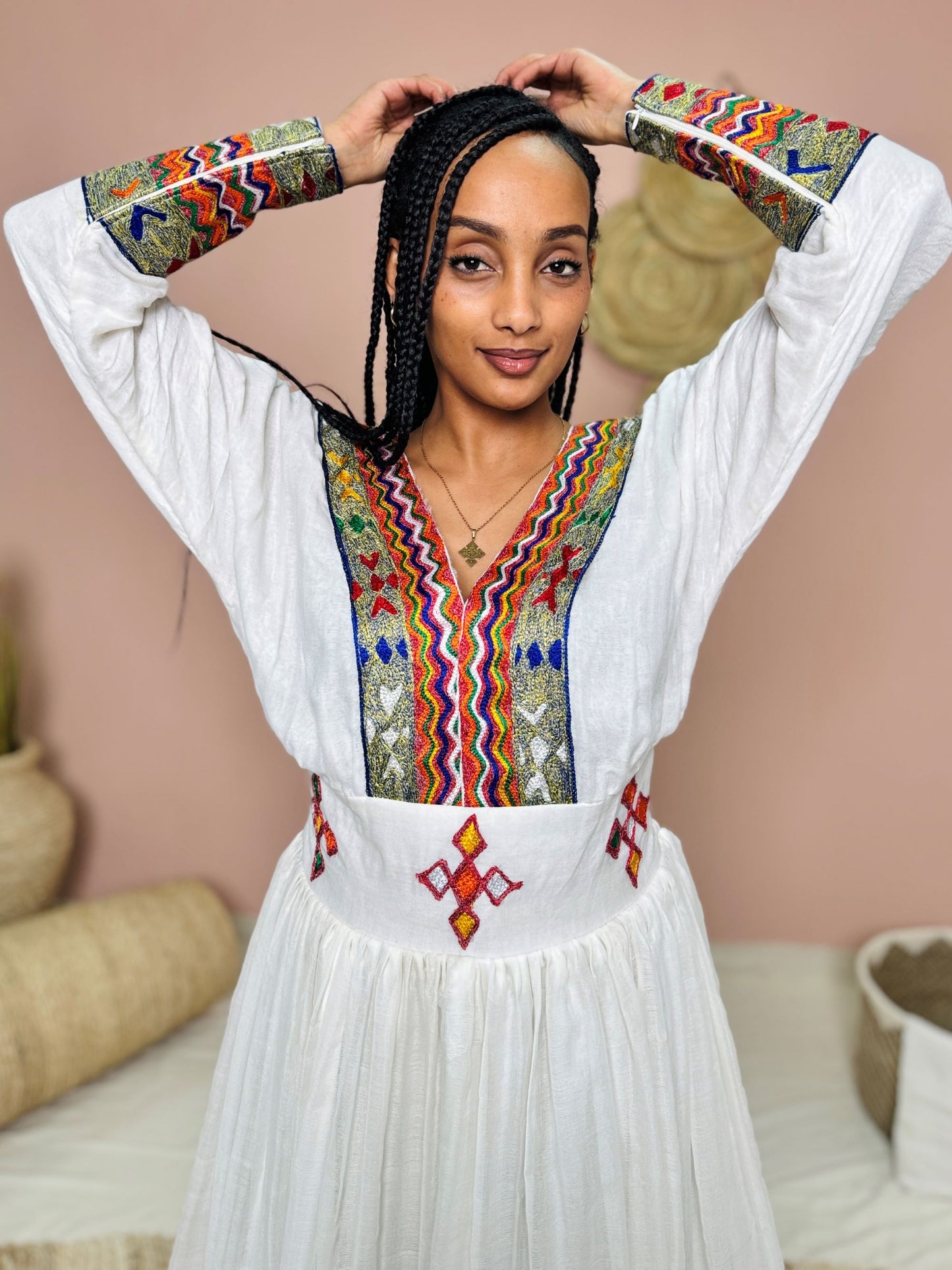 Multicolor Embroidered Habesha Kemis | Ethiopian Traditional Dress | Handcrafted Cultural Elegance Hab139