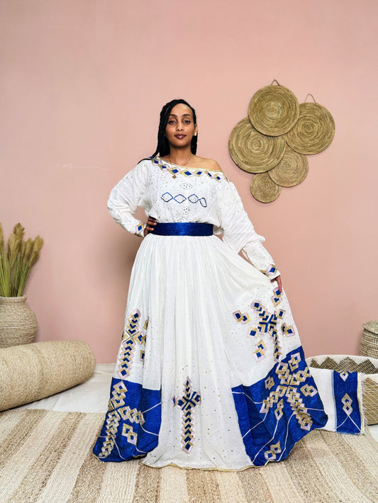 White & Royal Blue Ethiopian Dress | Off-the-Shoulder Handwoven Habesha Kemis | Modern Geometric Embroidery Hab163