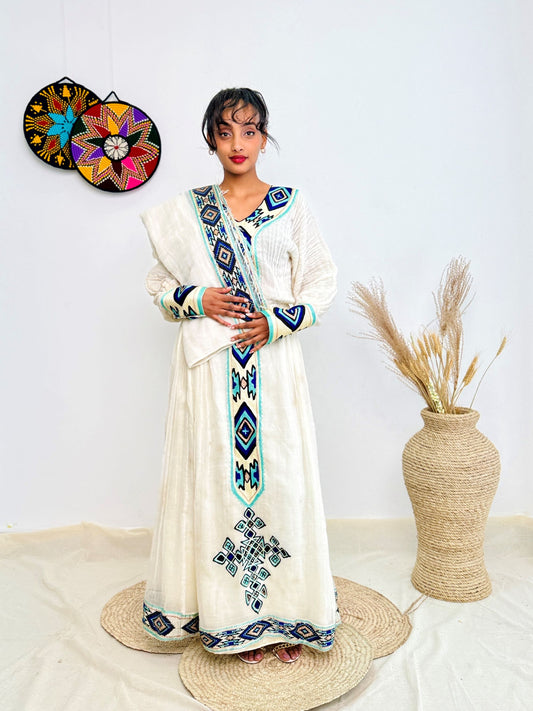 Handwoven Ethiopian Habesha Kemis | White Cotton Dress with Blue Geometric Tibeb Hab232