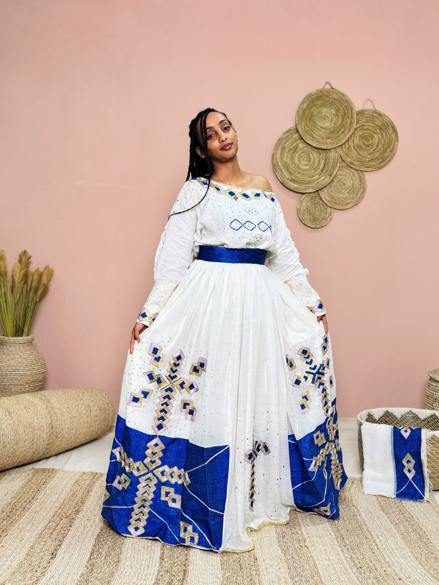 White & Royal Blue Ethiopian Dress | Off-the-Shoulder Handwoven Habesha Kemis | Modern Geometric Embroidery Hab163