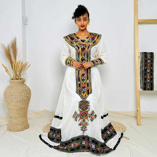 Elegant Traditional Ethiopian Dress with Colorful Handwoven Tibeb | Habesha Kemis for Women | Cultural Occasion Wear Hab223