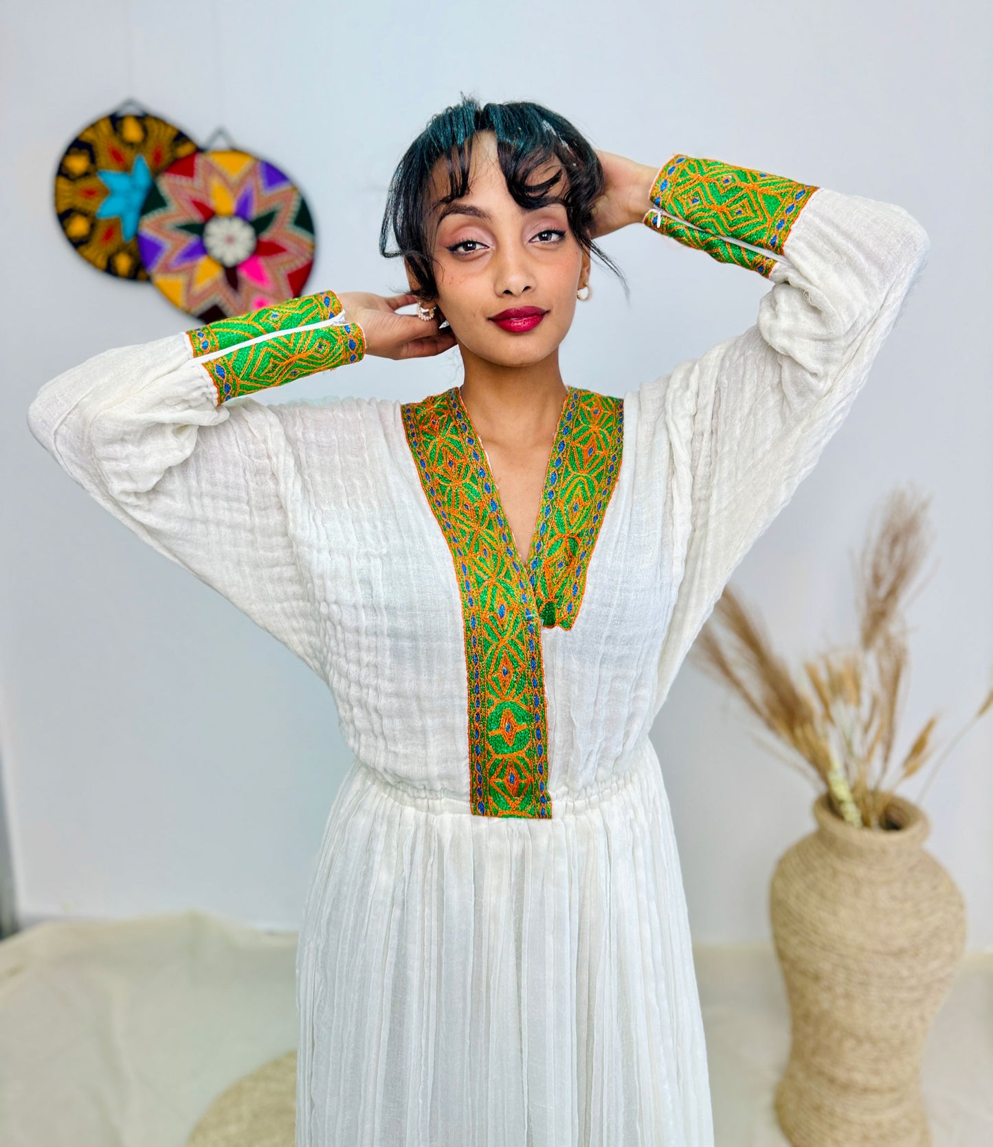 Orange Habesha Dress Green Accents Ethiopian Dress Hab32